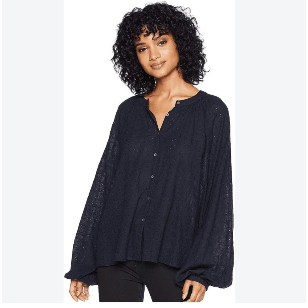 Free People Navy Blue Eyelet Button Down Balloon Sleeve Romantic Blouse Size M